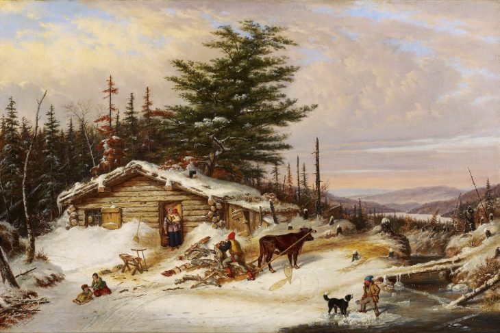Settler’s Log House. Peinture de Cornelius David Krieghoff (1856). Domaine public